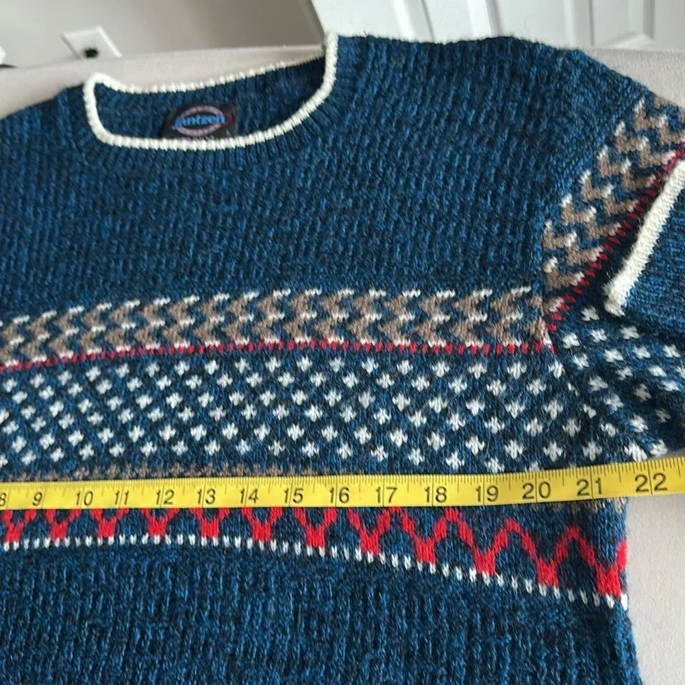 Vintage 80s Jantzen Wool Blend Fair Isle Nordic Sweater Blue Made in USA Size L